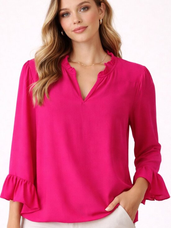 CeCe Tops - CeCe Ruffle Sleeve Blouse Hot Pink V-Neck Top - Size M